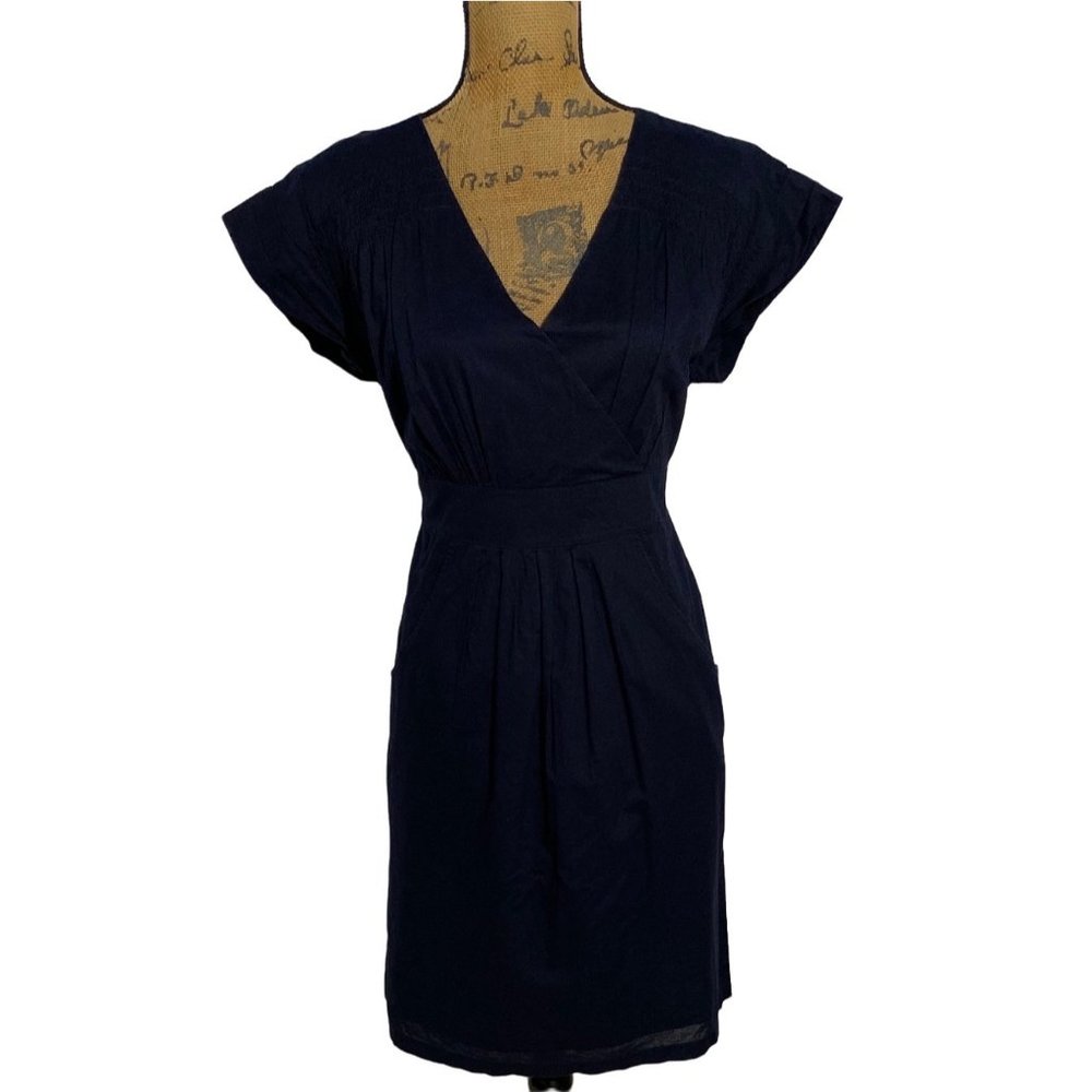 Tom‎ Joule 8 Dress Marine Navy Blue Short Dolman Sl Surplice V Neck Smocked Back